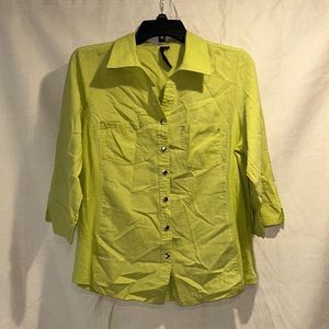 Cathy - Lime green woven with knit, 3/4 sleeve top, XL